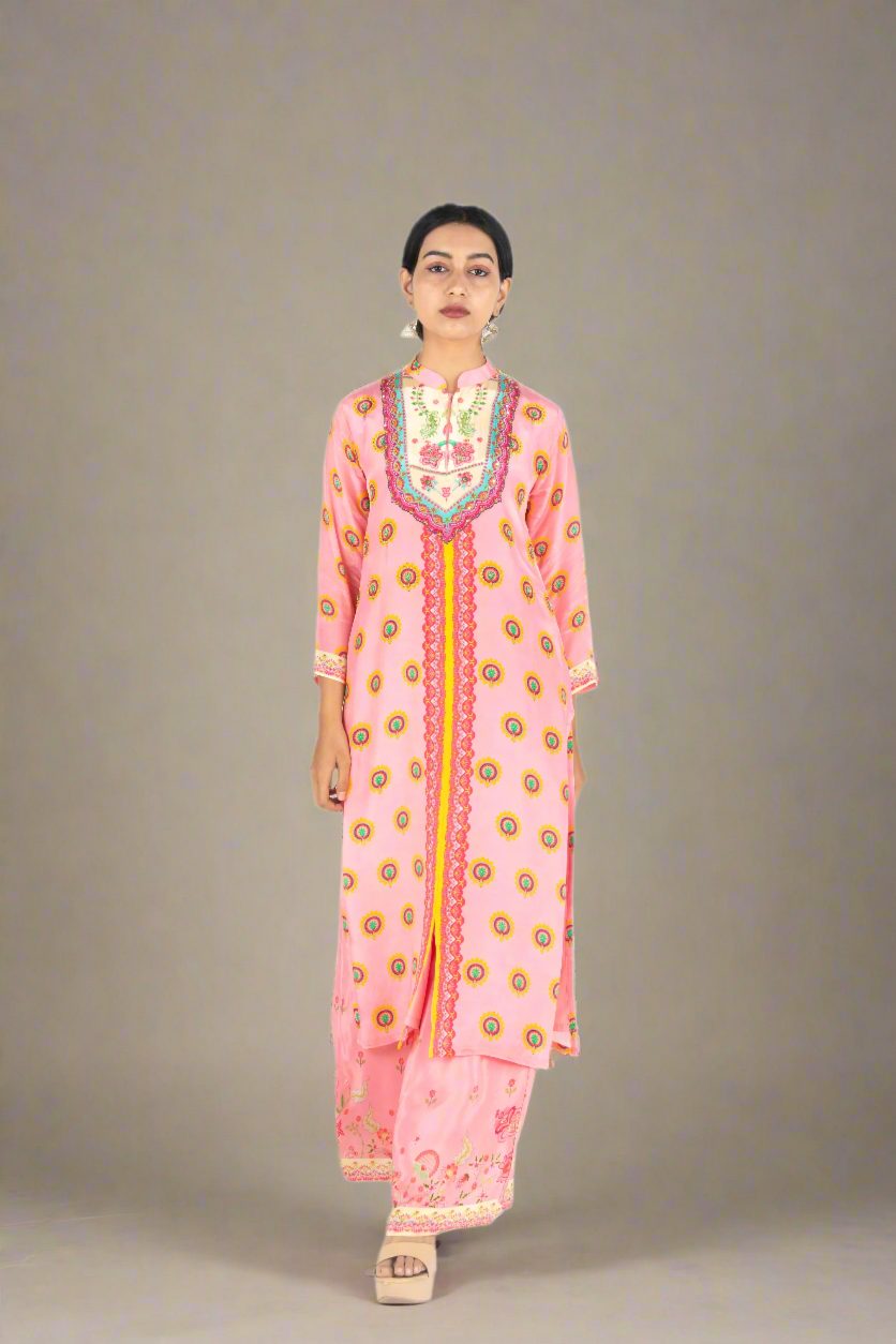 Baby Pink Pure Crepe Kurta & Palazzo Set - Light Sequin Detailing PALAAZAO