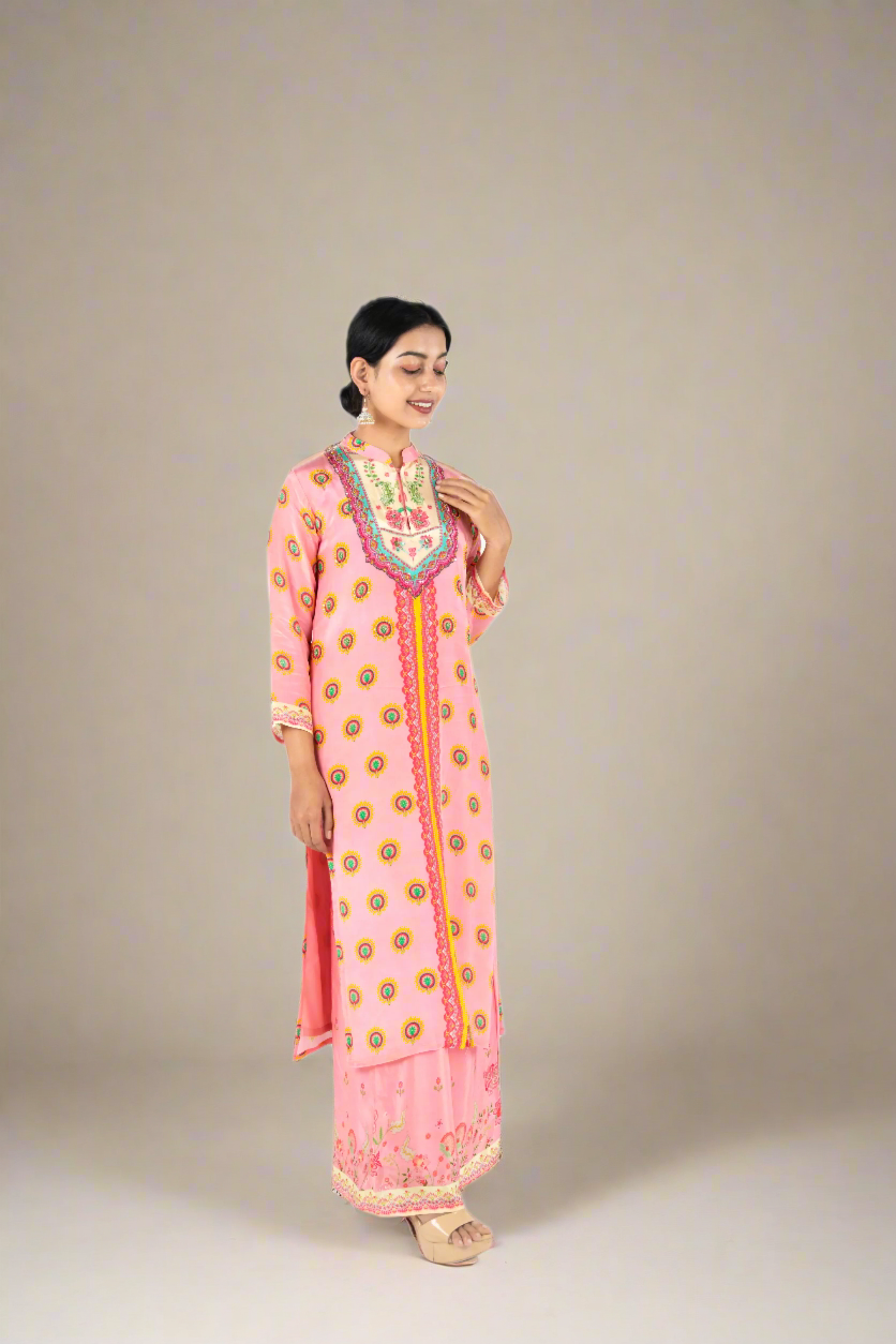 Baby Pink Pure Crepe Kurta & Palazzo Set - Light Sequin Detailing PALAAZAO