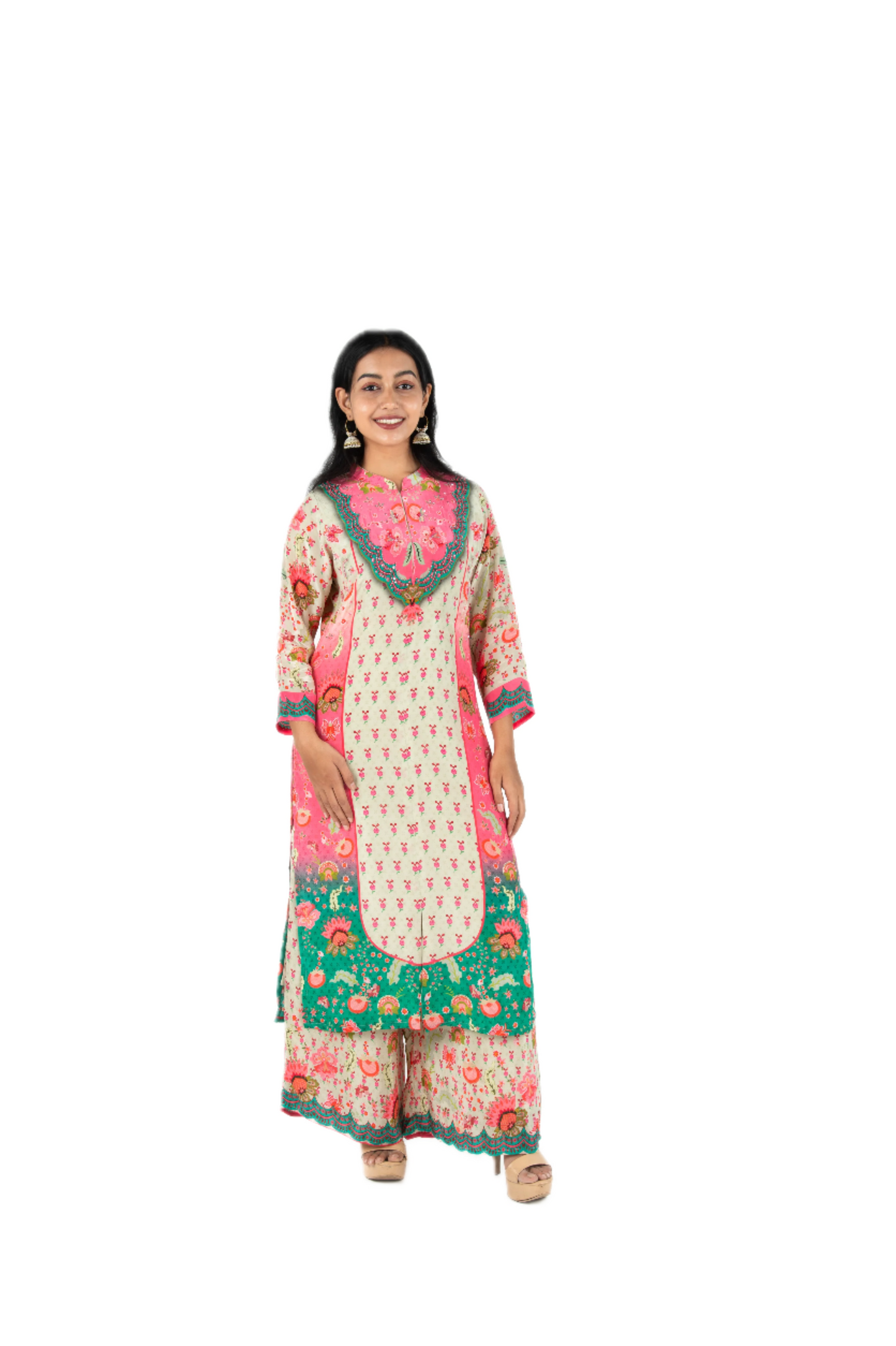 Pure Crepe Pink, Green, and Grey Kurta Palazzo Set with Sequins Detailing PALAAZAO