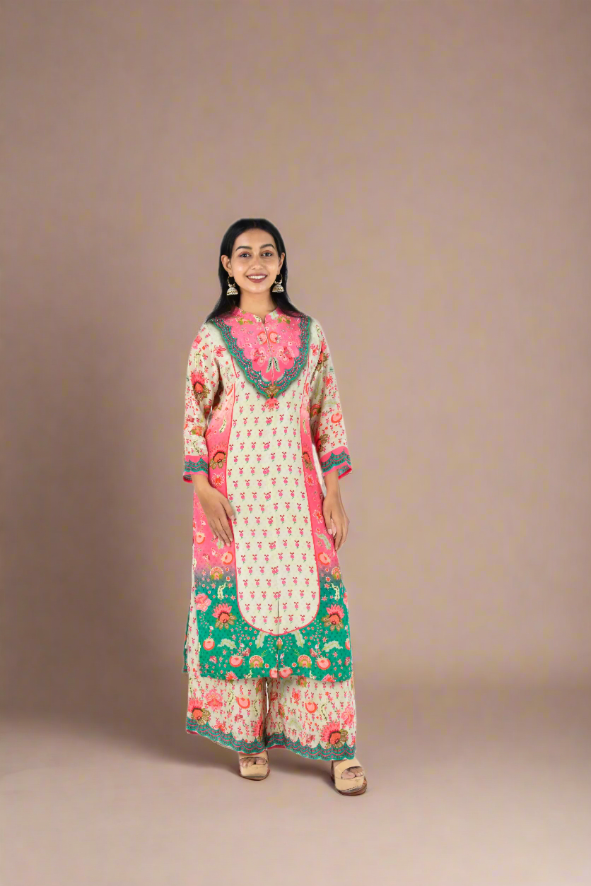Pure Crepe Pink, Green, and Grey Kurta Palazzo Set with Sequins Detailing PALAAZAO