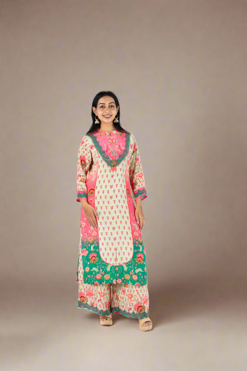 Pure Crepe Pink, Green, and Grey Kurta Palazzo Set with Sequins Detailing PALAAZAO