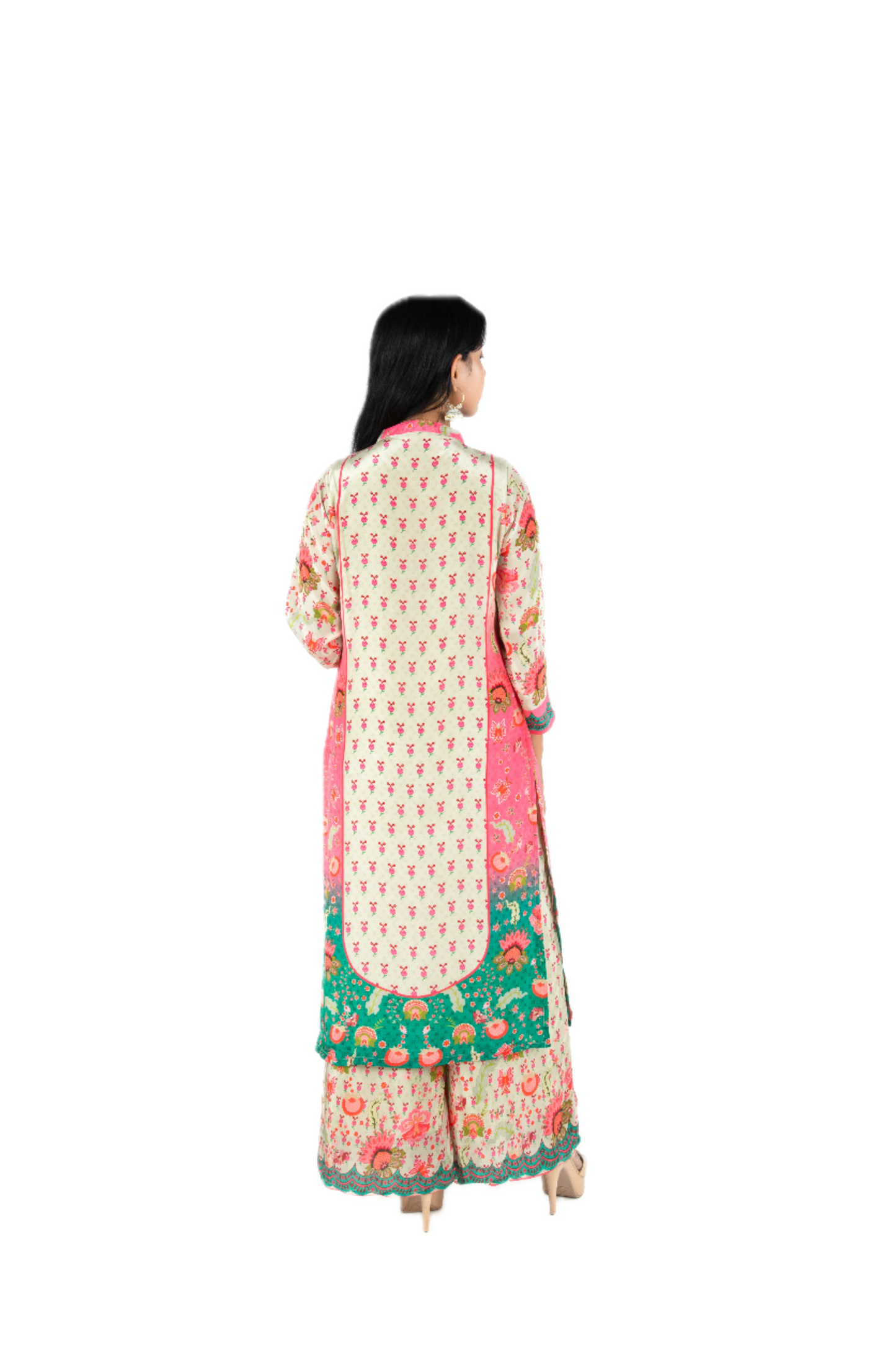 Pure Crepe Pink, Green, and Grey Kurta Palazzo Set with Sequins Detailing PALAAZAO