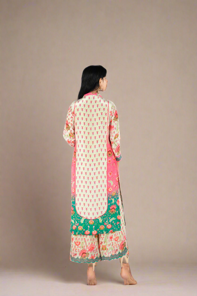 Pure Crepe Pink, Green, and Grey Kurta Palazzo Set with Sequins Detailing PALAAZAO