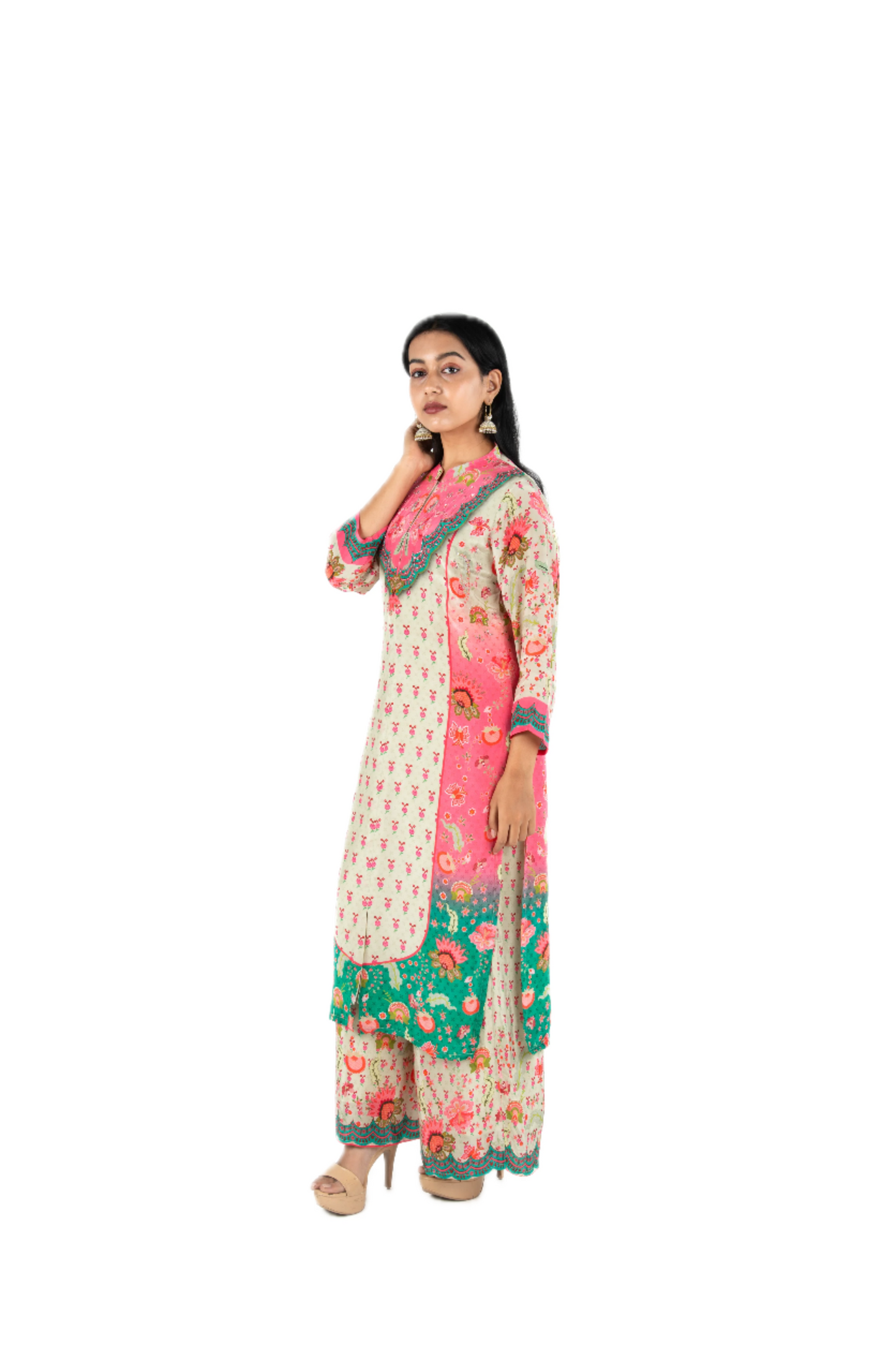 Pure Crepe Pink, Green, and Grey Kurta Palazzo Set with Sequins Detailing PALAAZAO