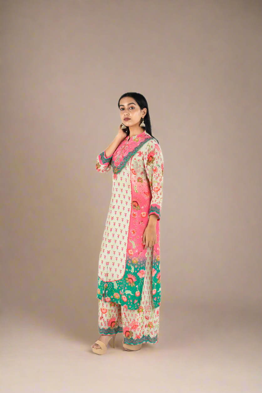 Pure Crepe Pink, Green, and Grey Kurta Palazzo Set with Sequins Detailing PALAAZAO