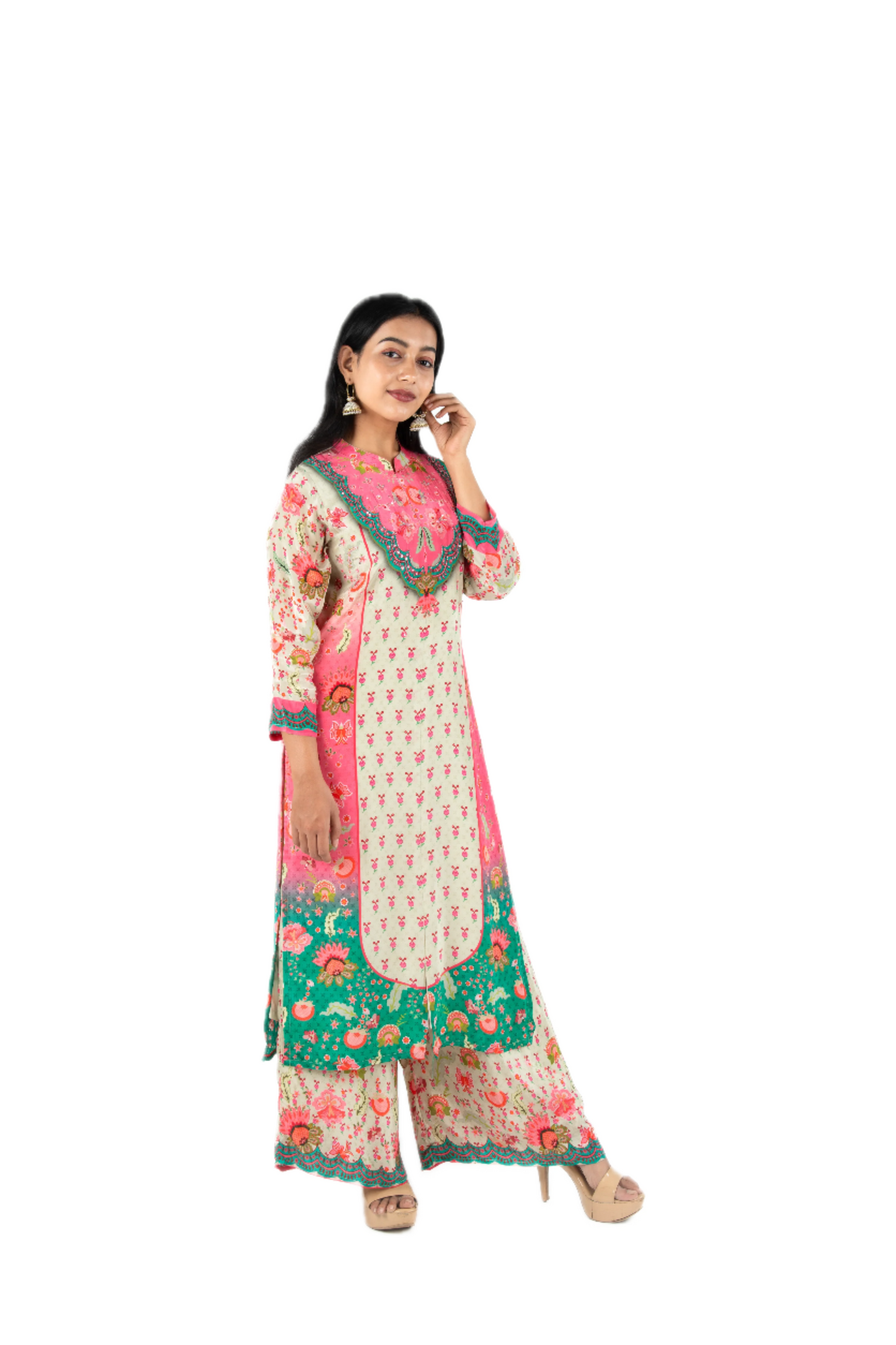 Pure Crepe Pink, Green, and Grey Kurta Palazzo Set with Sequins Detailing PALAAZAO