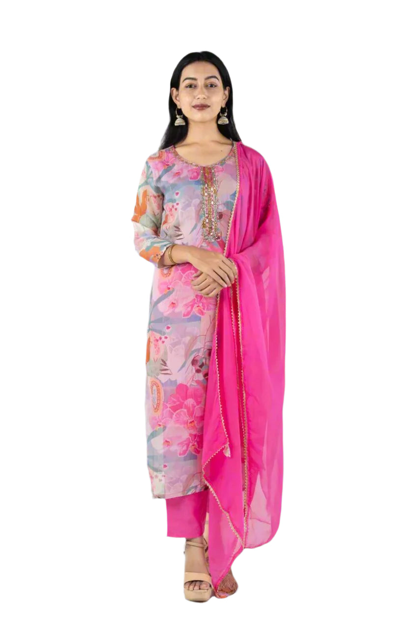 Blooming Radiance: Pink & Purple Floral Kurta Set Suit