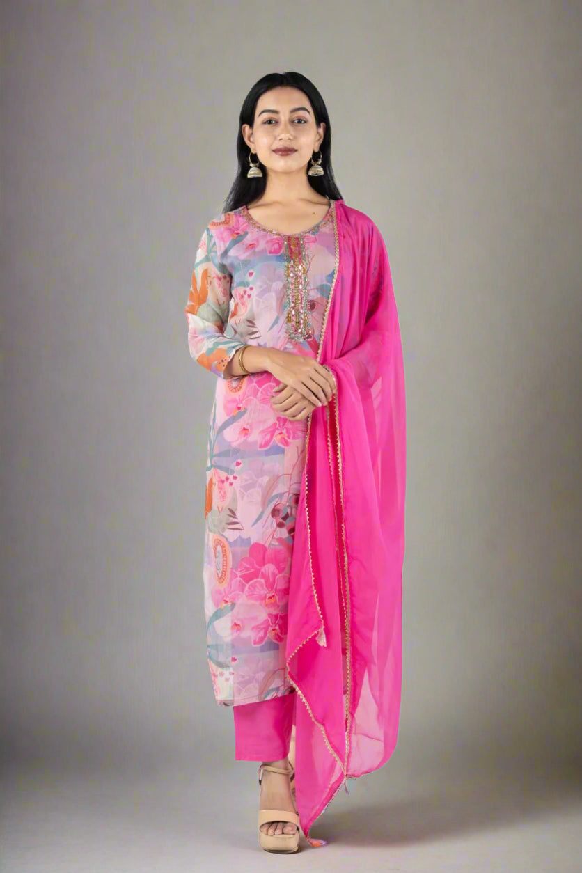 Blooming Radiance: Pink & Purple Floral Kurta Set Suit