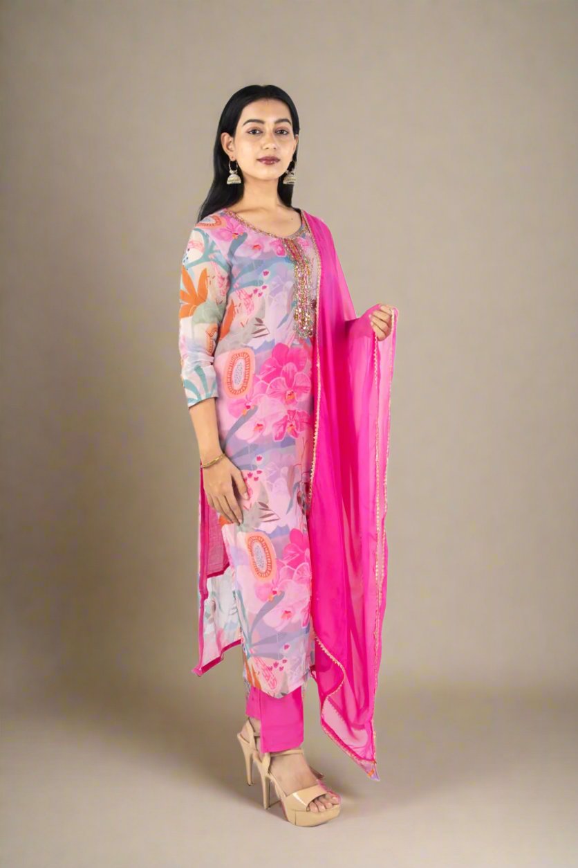 Blooming Radiance: Pink & Purple Floral Kurta Set Suit