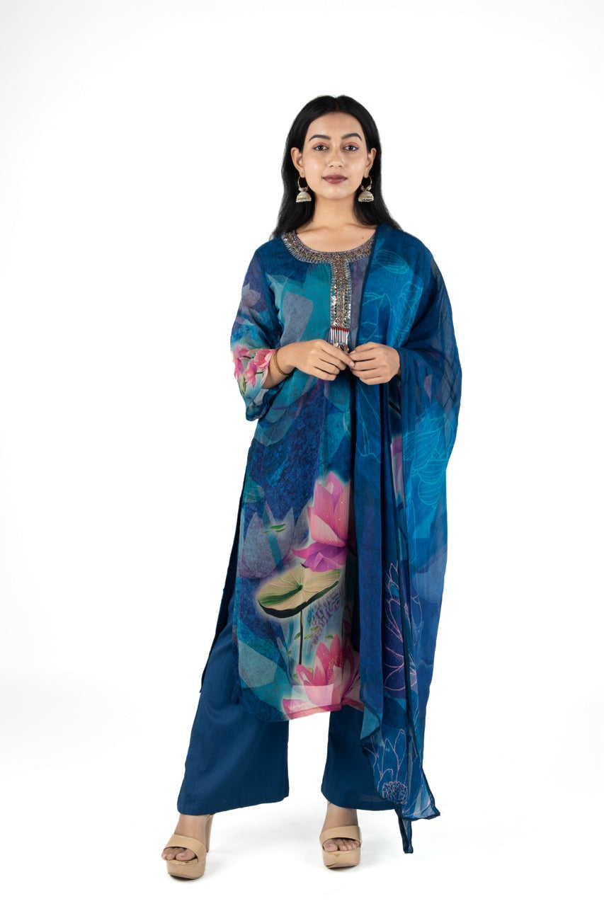 Peacock Reverie - Blue Organza Floral suit Suit