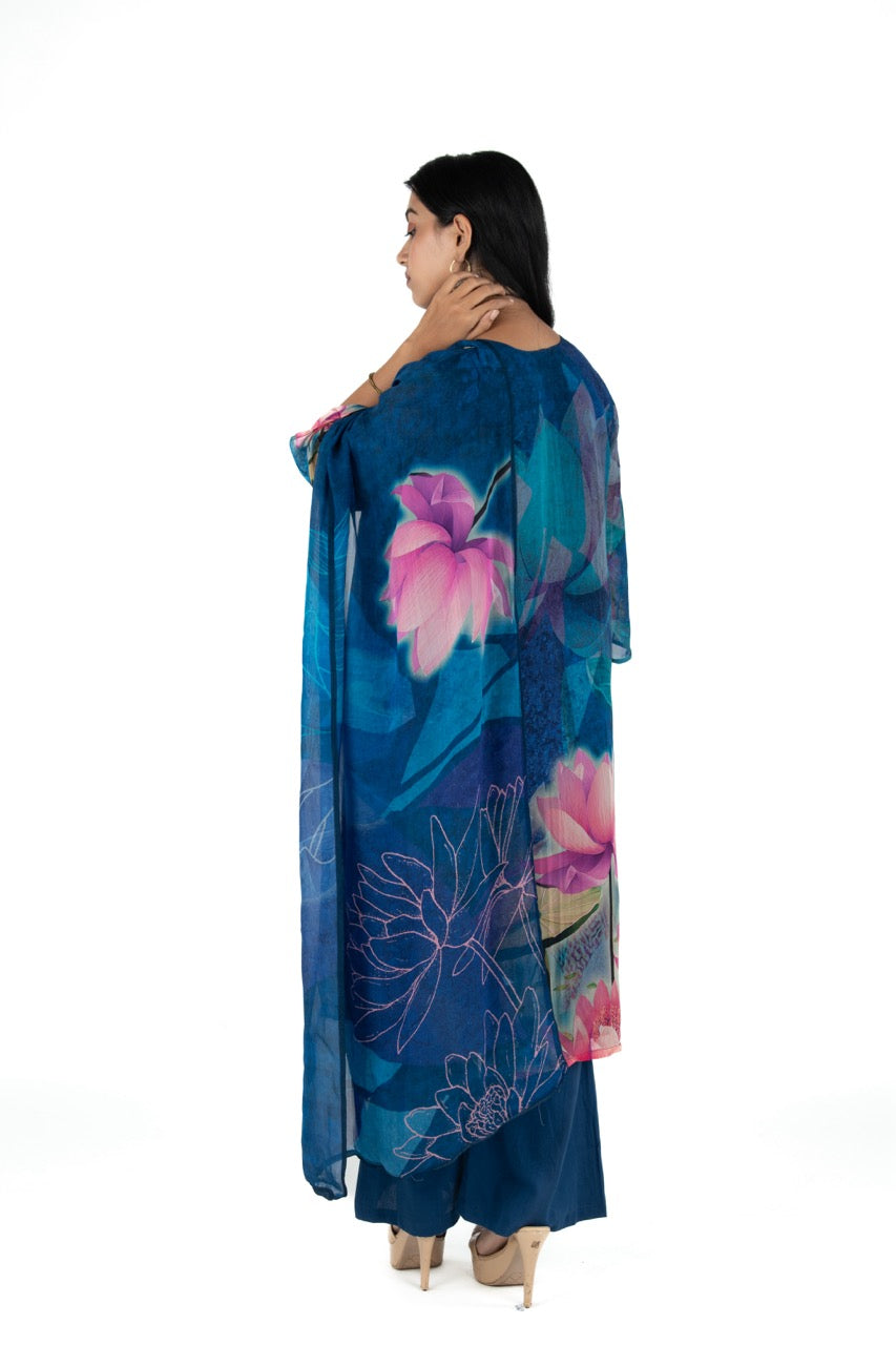 Peacock Reverie - Blue Organza Floral suit Suit