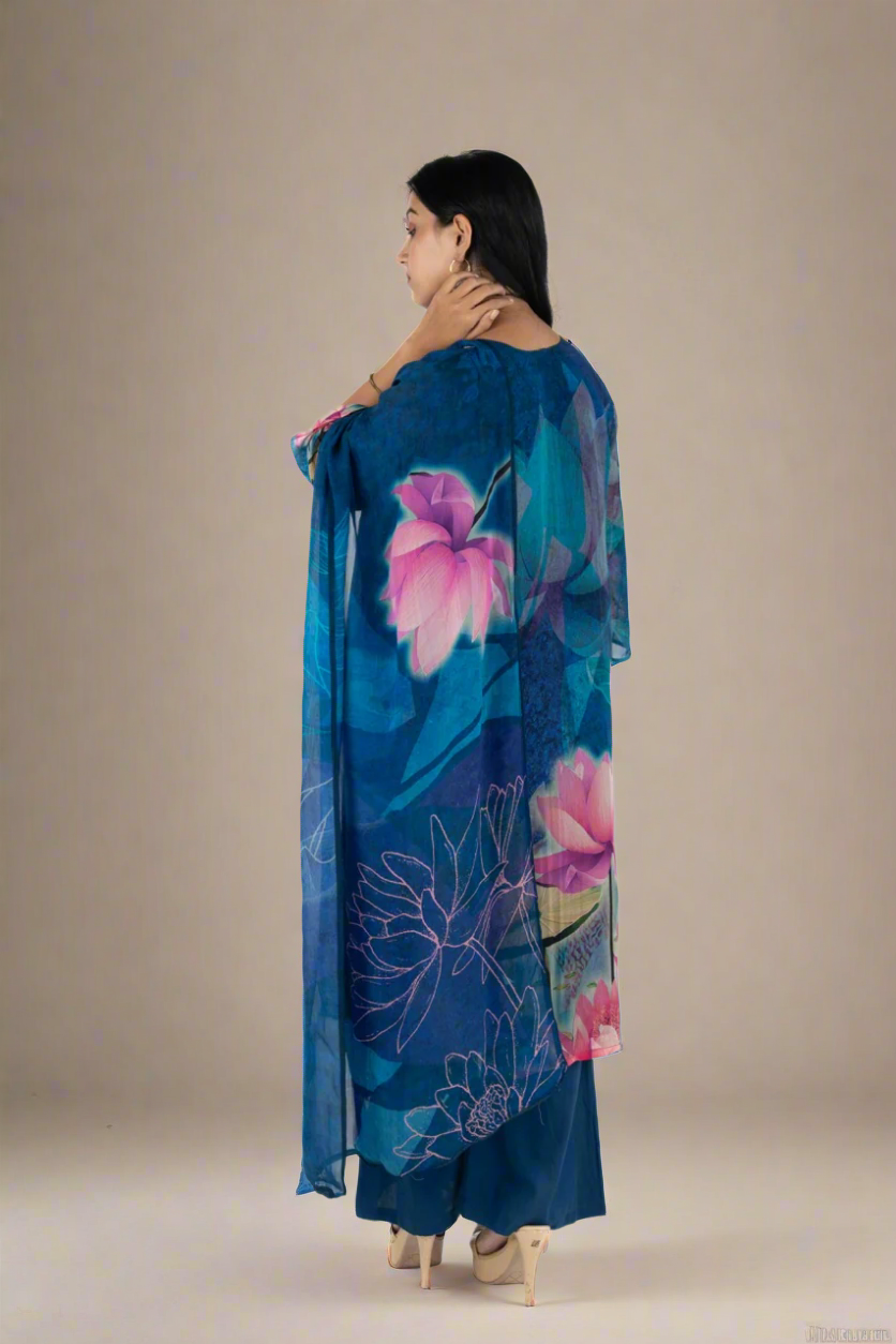 Peacock Reverie - Blue Organza Floral suit Suit