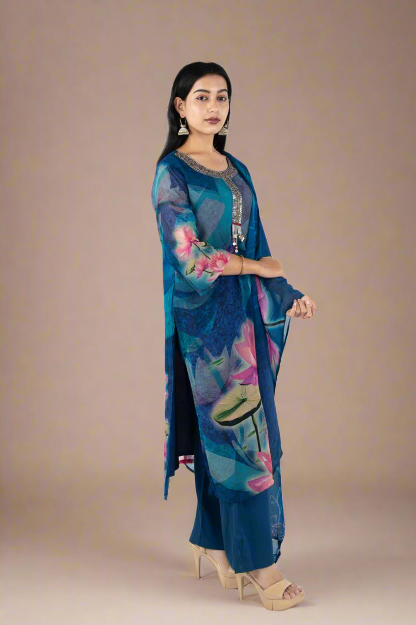 Peacock Reverie - Blue Organza Floral suit Suit