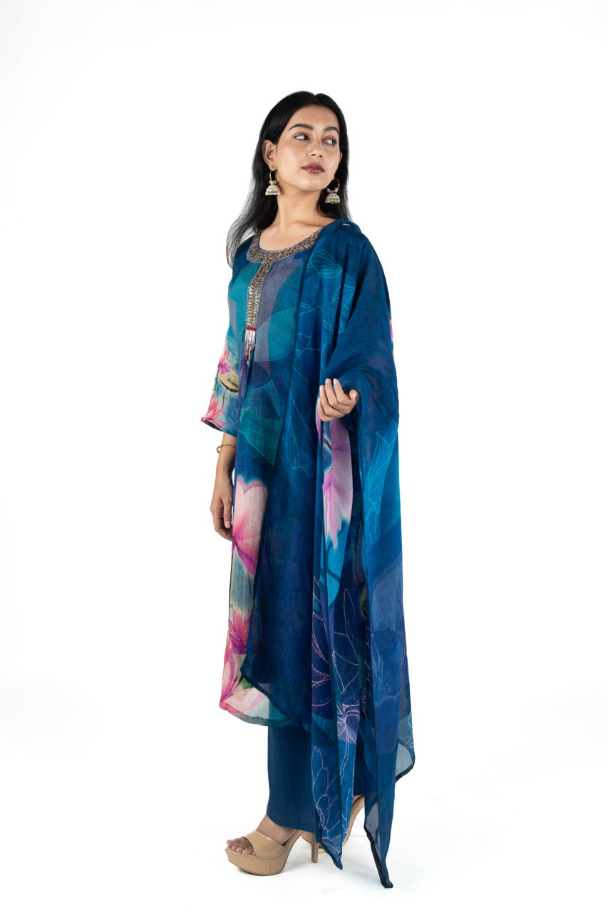Peacock Reverie - Blue Organza Floral suit Suit
