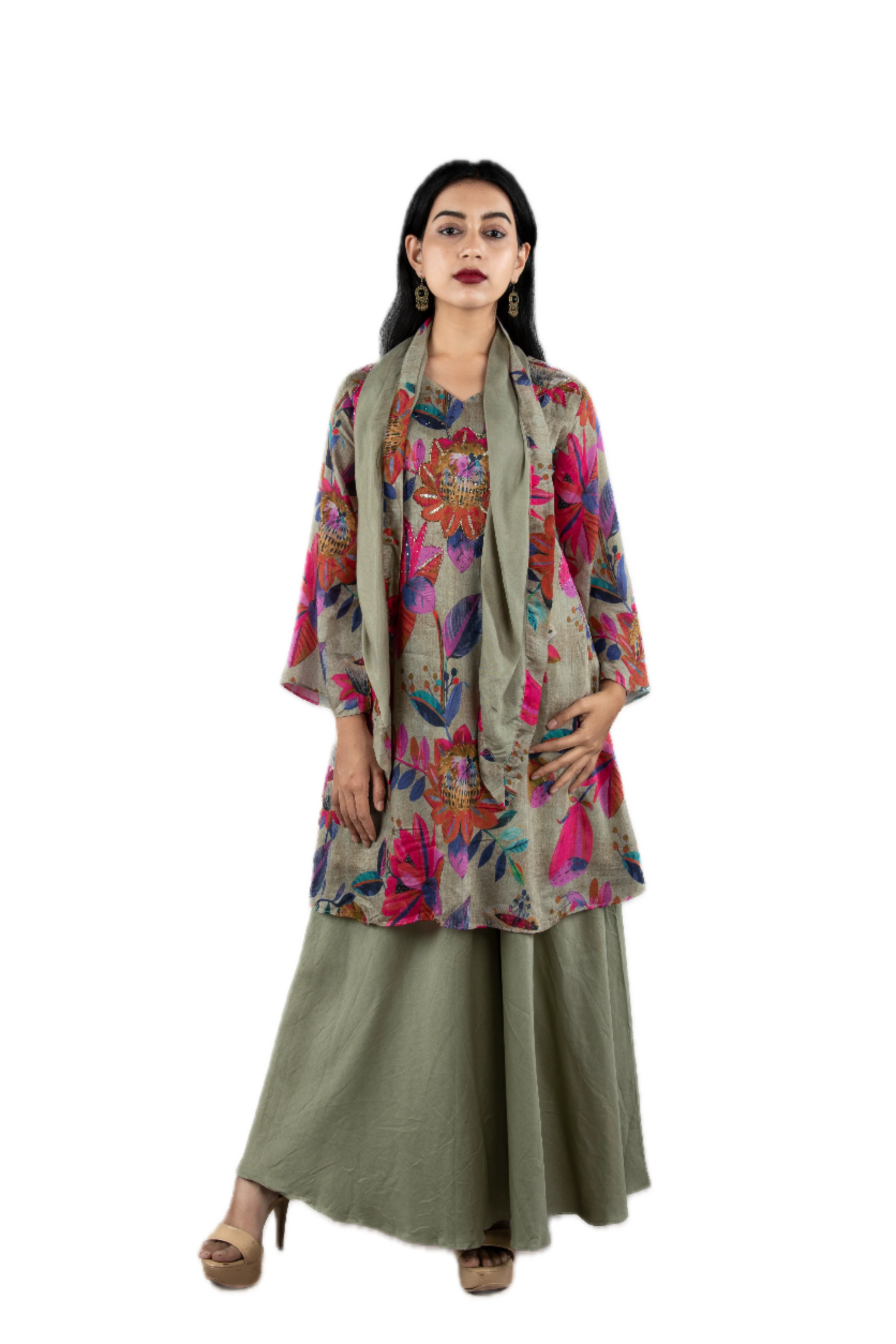 Grey Floral Kurta Set with Chokar Dupatta and Palazzo PALAAZAO