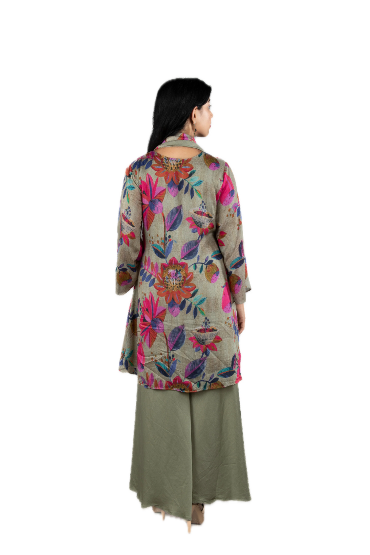 Grey Floral Kurta Set with Chokar Dupatta and Palazzo PALAAZAO