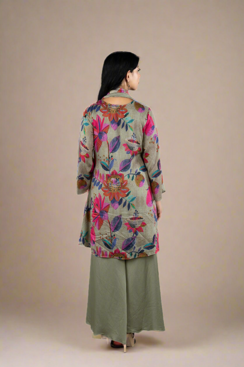 Grey Floral Kurta Set with Chokar Dupatta and Palazzo