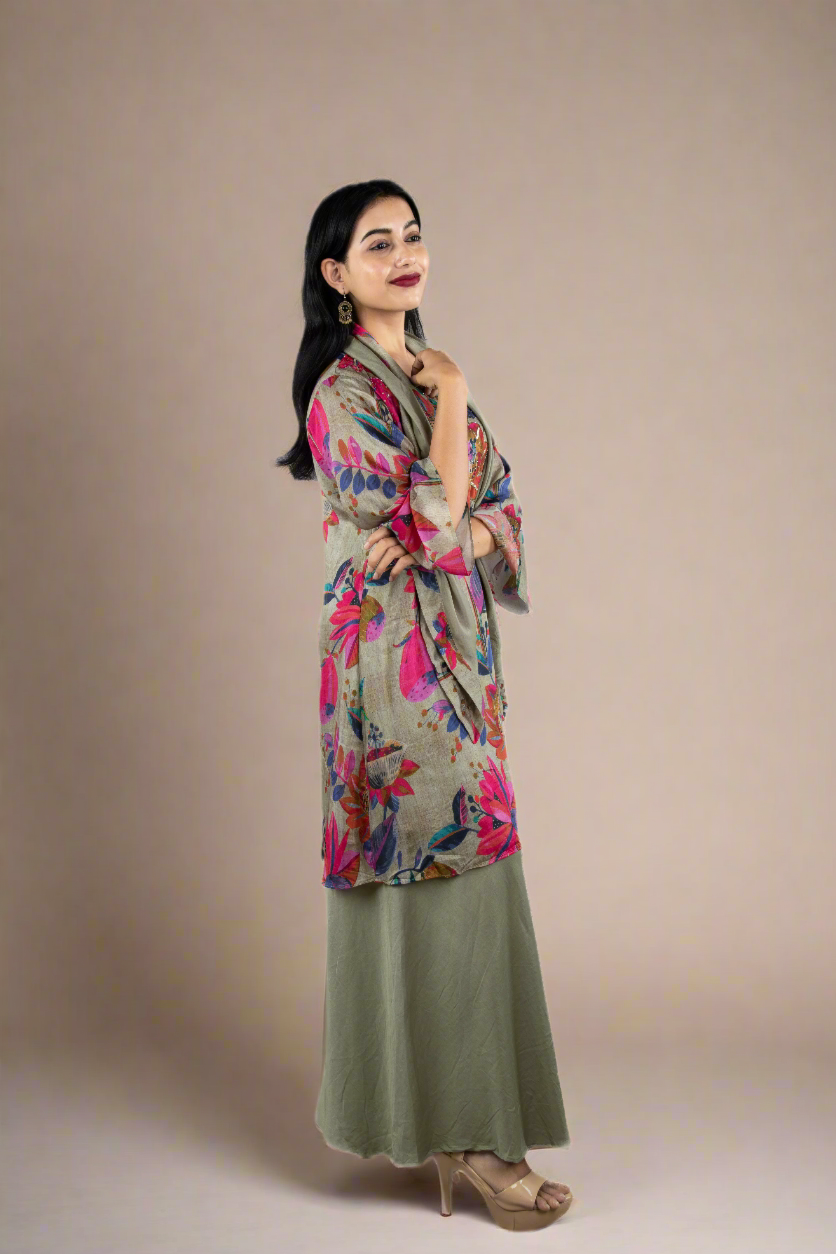 Grey Floral Kurta Set with Chokar Dupatta and Palazzo PALAAZAO