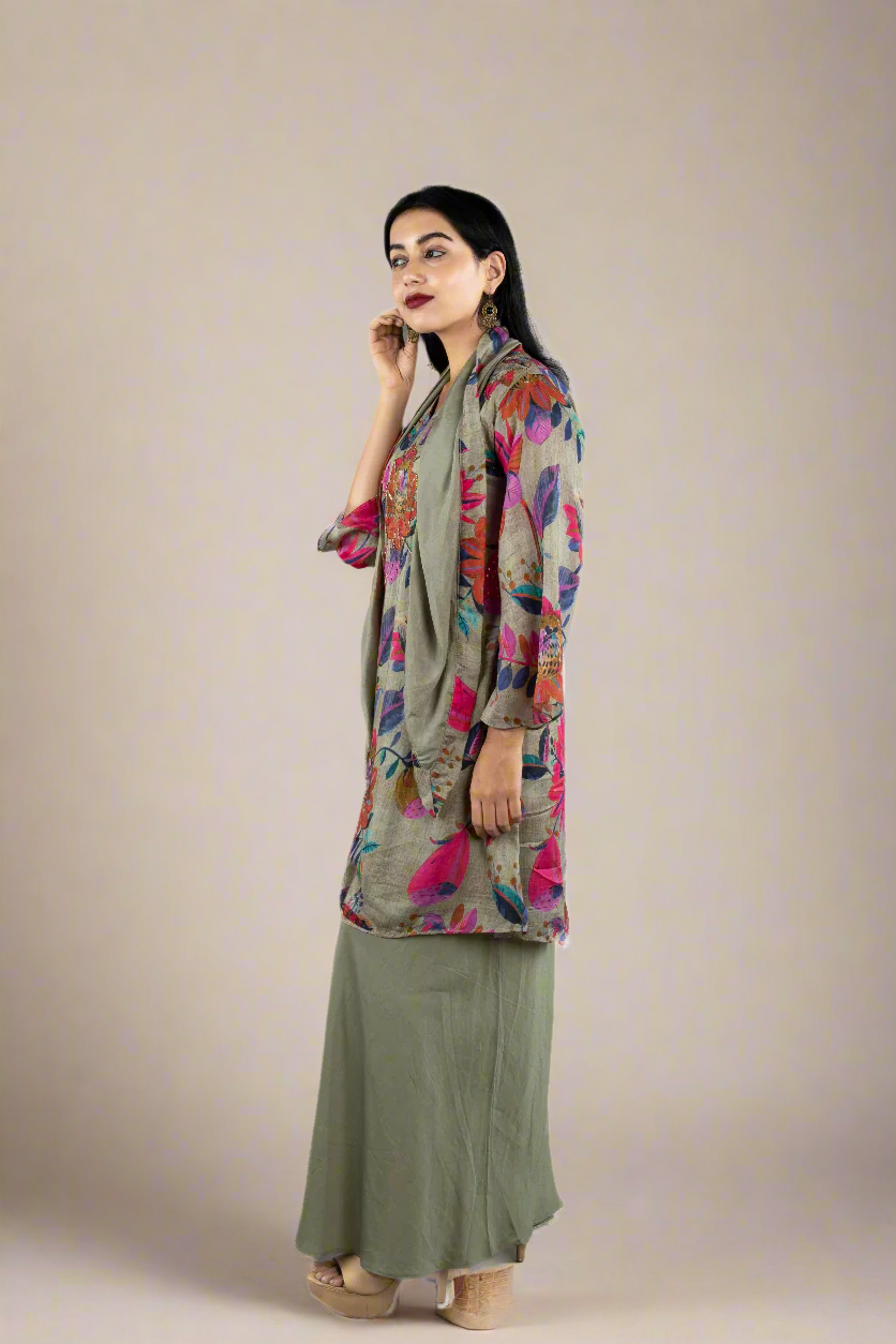 Grey Floral Kurta Set with Chokar Dupatta and Palazzo PALAAZAO
