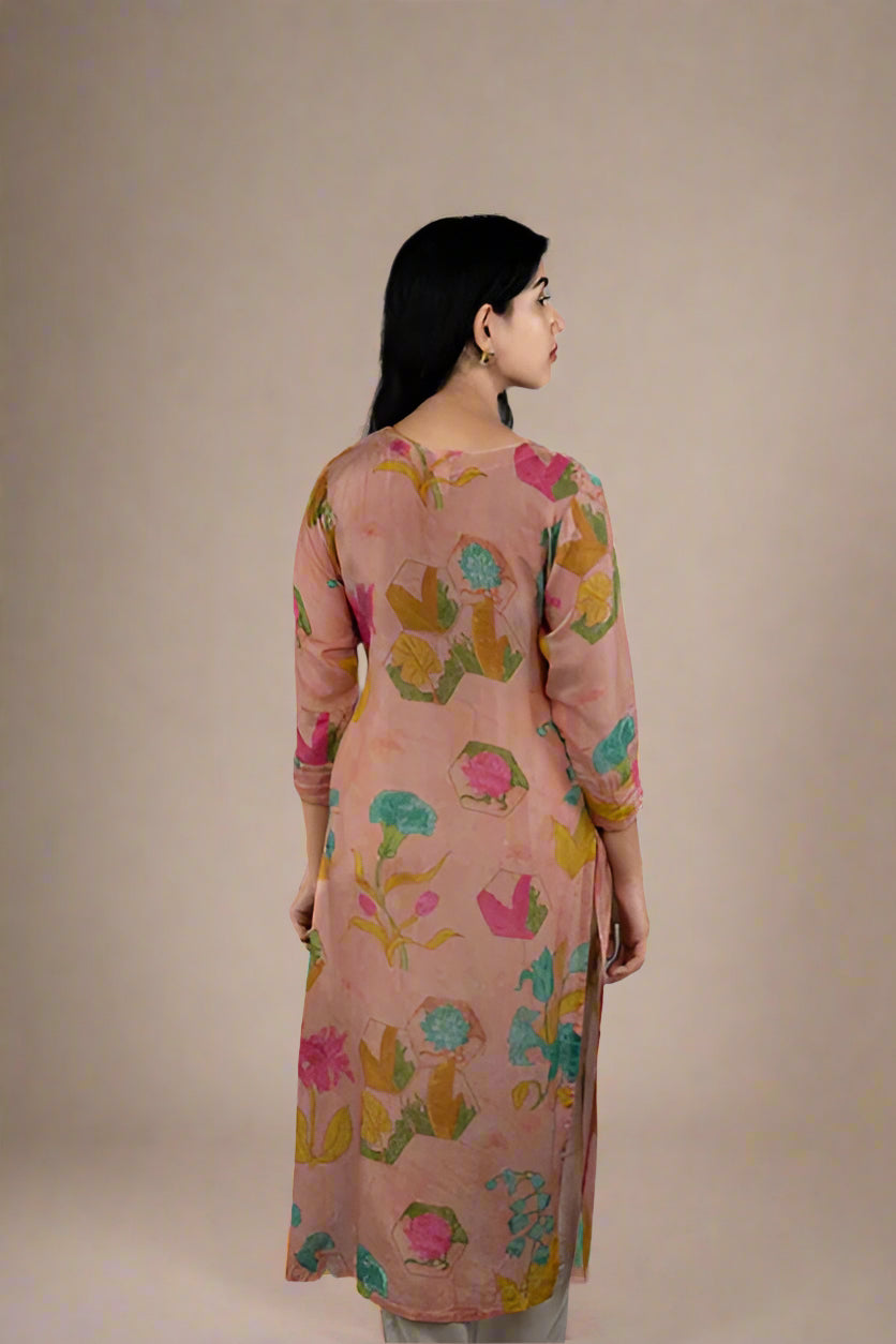 Floral serenity - Printed Muslin Zari Embroidered Kurti Suit