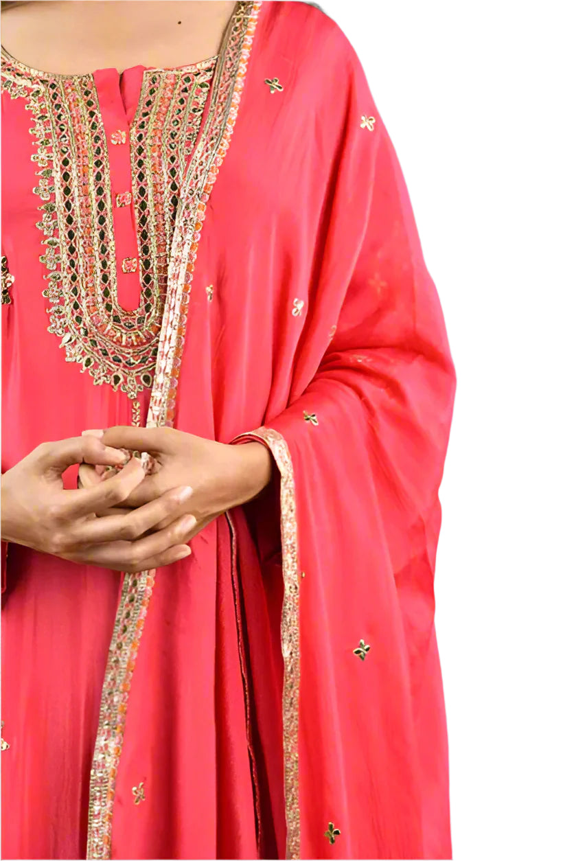 Crimson Glow: Chinon Kurta Sharara Set Suit
