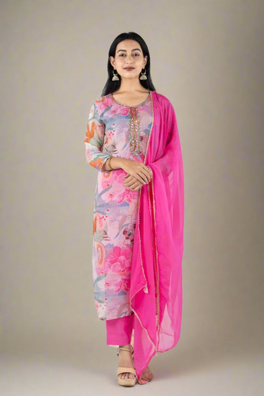 Blooming Radiance: Pink & Purple Floral Kurta Set