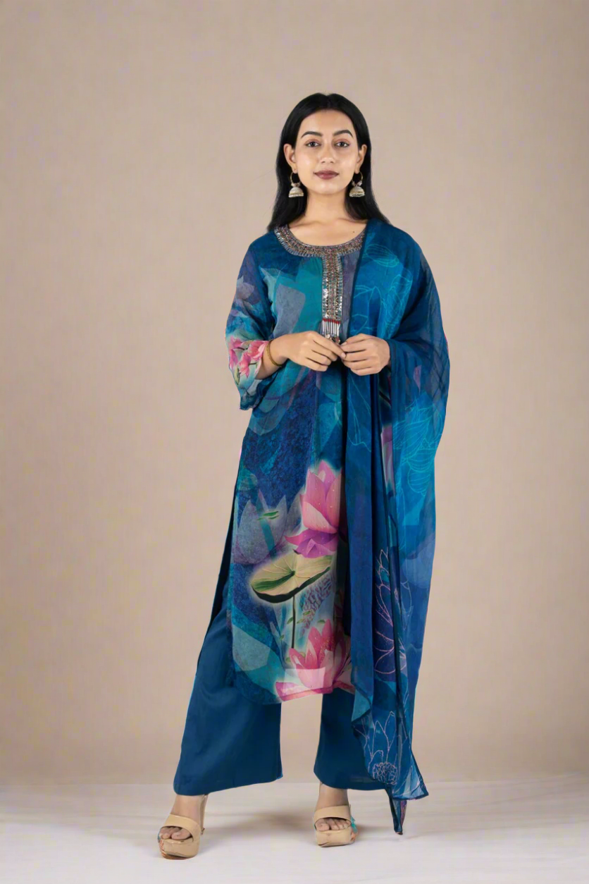 Peacock Reverie - Blue Organza Floral suit Suit