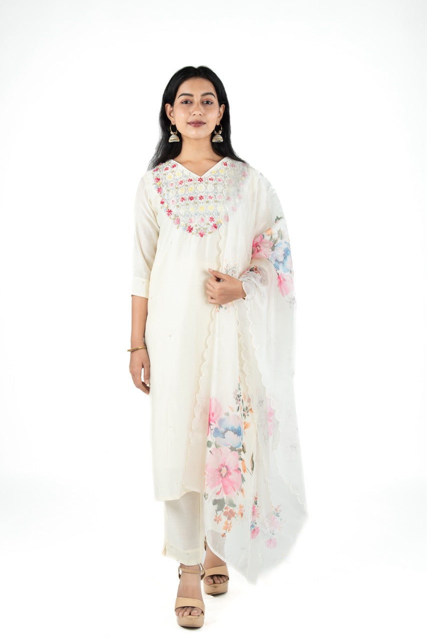 Thread Embroidery Cut Dana Muslin Full Suit with Floral Organza Dupatta Suit