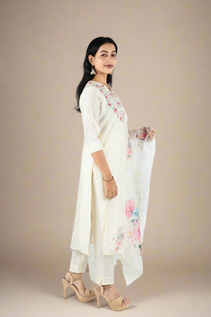 Thread Embroidery Cut Dana Muslin Full Suit with Floral Organza Dupatta Suit