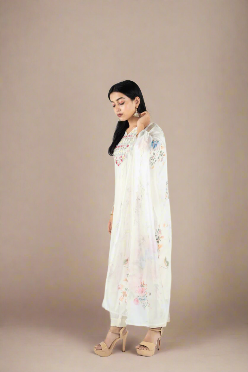 Thread Embroidery Cut Dana Muslin Full Suit with Floral Organza Dupatta Suit