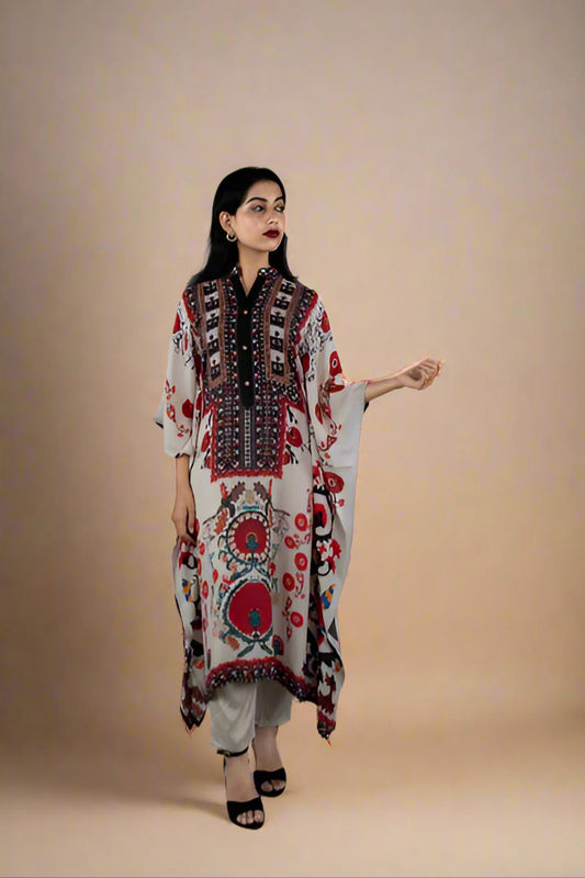 Floral Serenity- Ethnic Floral Printed Embroidered Kaftan