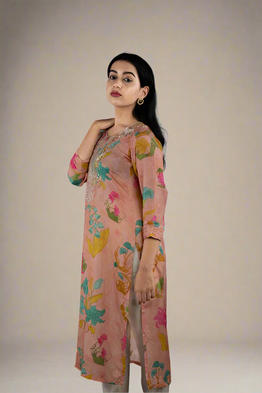 Floral serenity - Printed Muslin Zari Embroidered Kurti