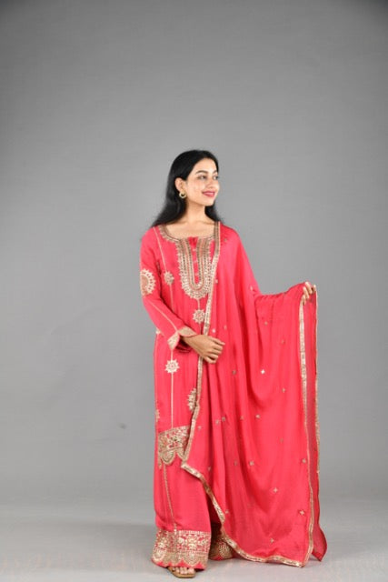 Crimson Glow: Chinon Kurta Sharara Set