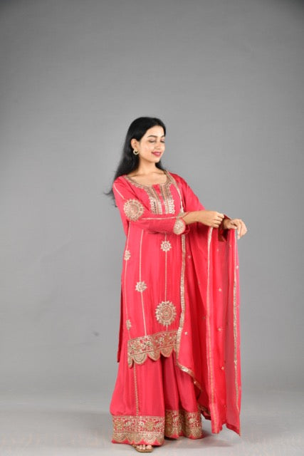 Crimson Glow: Chinon Kurta Sharara Set