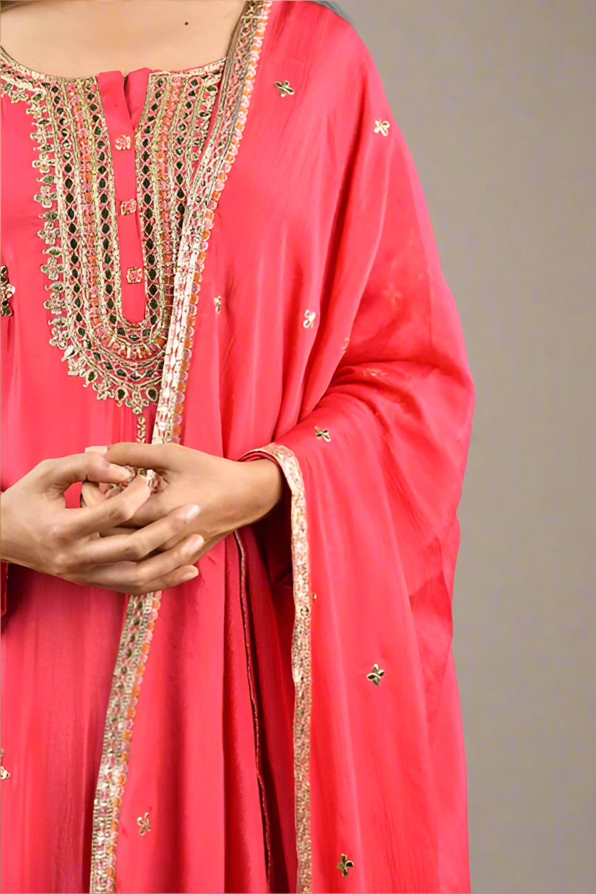 Crimson Glow: Chinon Kurta Sharara Set